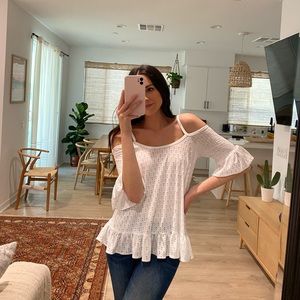 Michael Kors White Off-The-Shoulder Top with Ruffle Hem